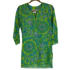 Gretchen Scott Green Silk Paisley Boho Cottage Split Hem Kaftan Tunic Top XS